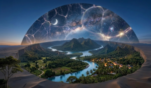 A cosmic dome over a circular landscape with rivers and mountains under a starry night sky